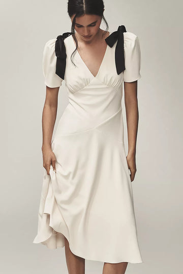 White Puff-Sleeve V-Neck Midi Dress