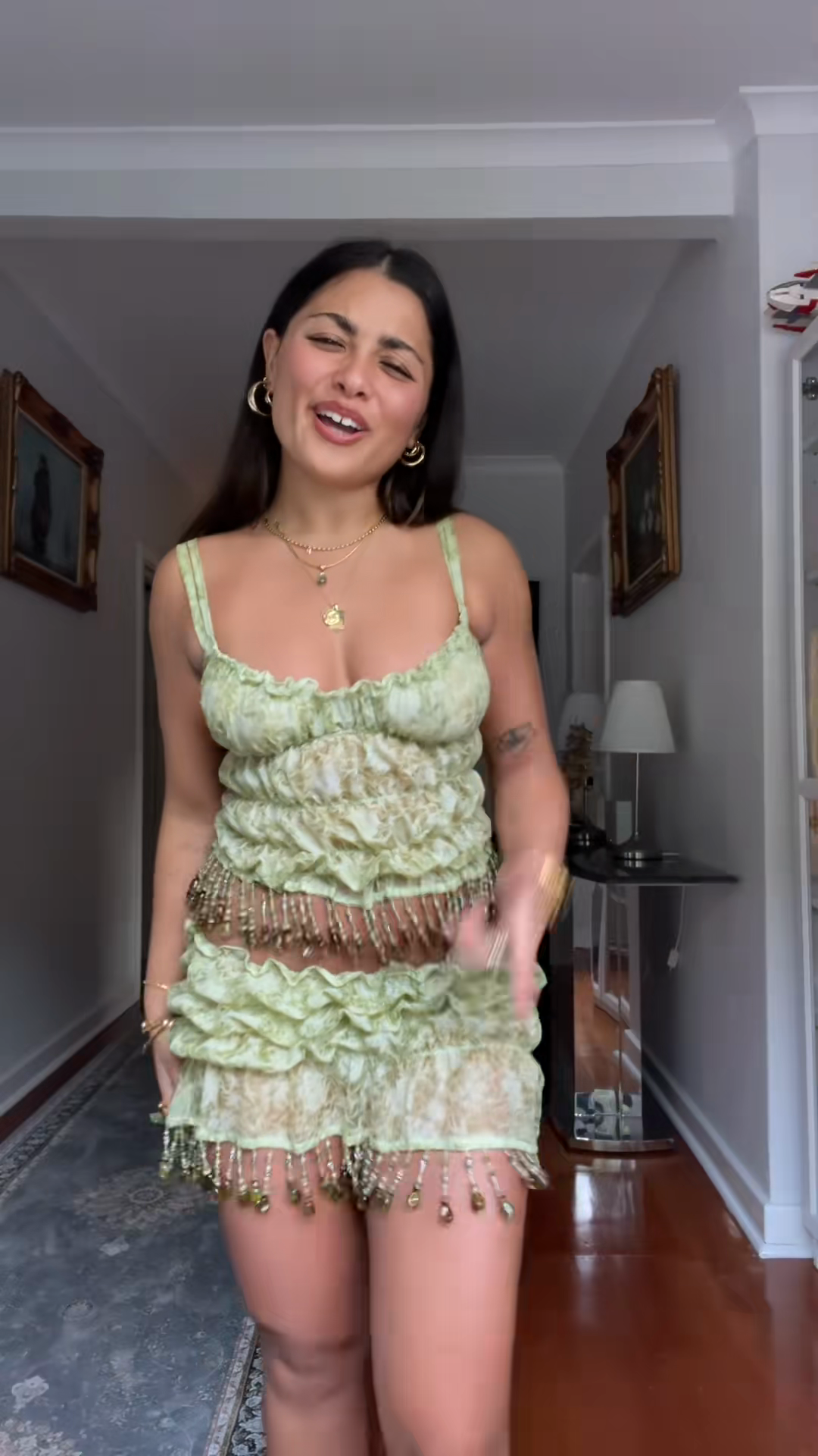 Light Green Ruffled Two - Piece Set with Beaded Fringe