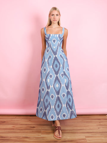 Blue Ikat Print Square - Neck Maxi Dress