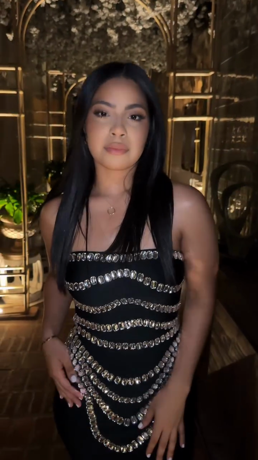 Black Strapless Dress with Silver Chain Embellishments