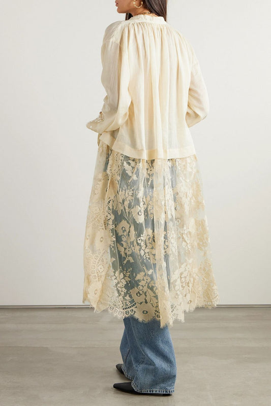 Lace - Trimmed Sheer Overlay Shirt Dress