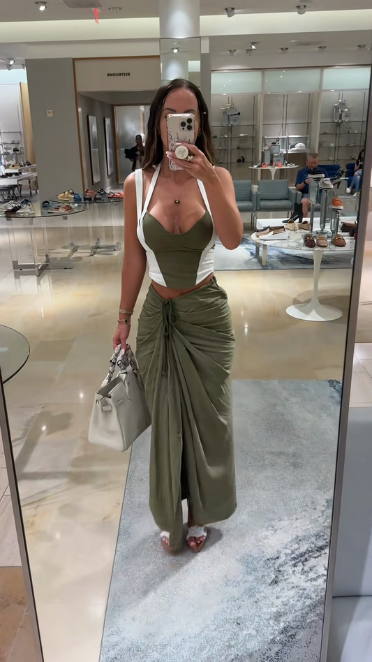 Olive Green and White Halter Crop Top and Maxi Skirt Set
