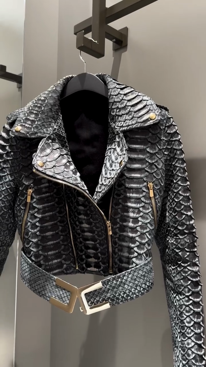 Black and Gray Snake - Print Leather Jacket
