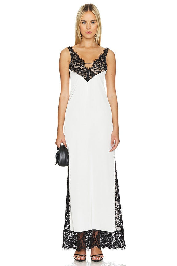 White Maxi Dress with Black Lace Accents