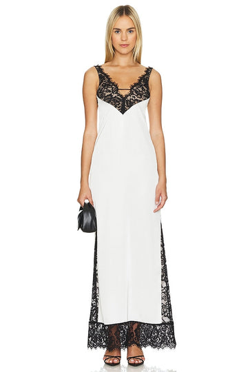 White Maxi Dress with Black Lace Accents