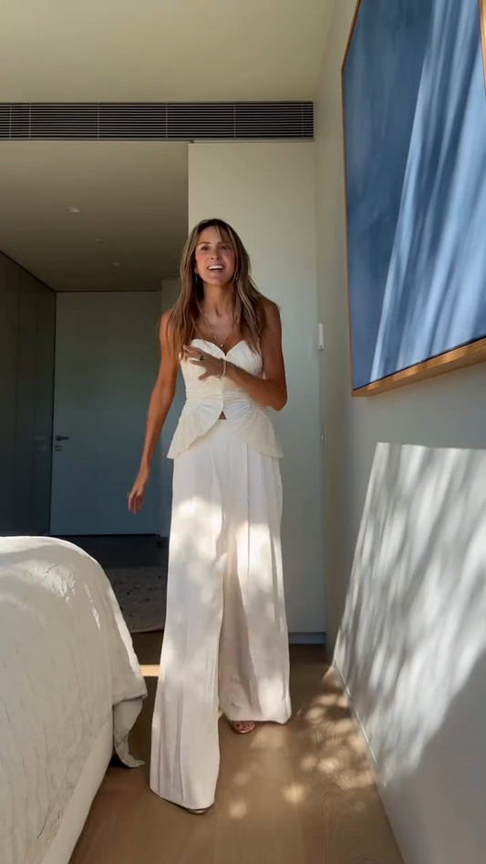 White Strapless Ruched Top and Wide - Leg Pants Set