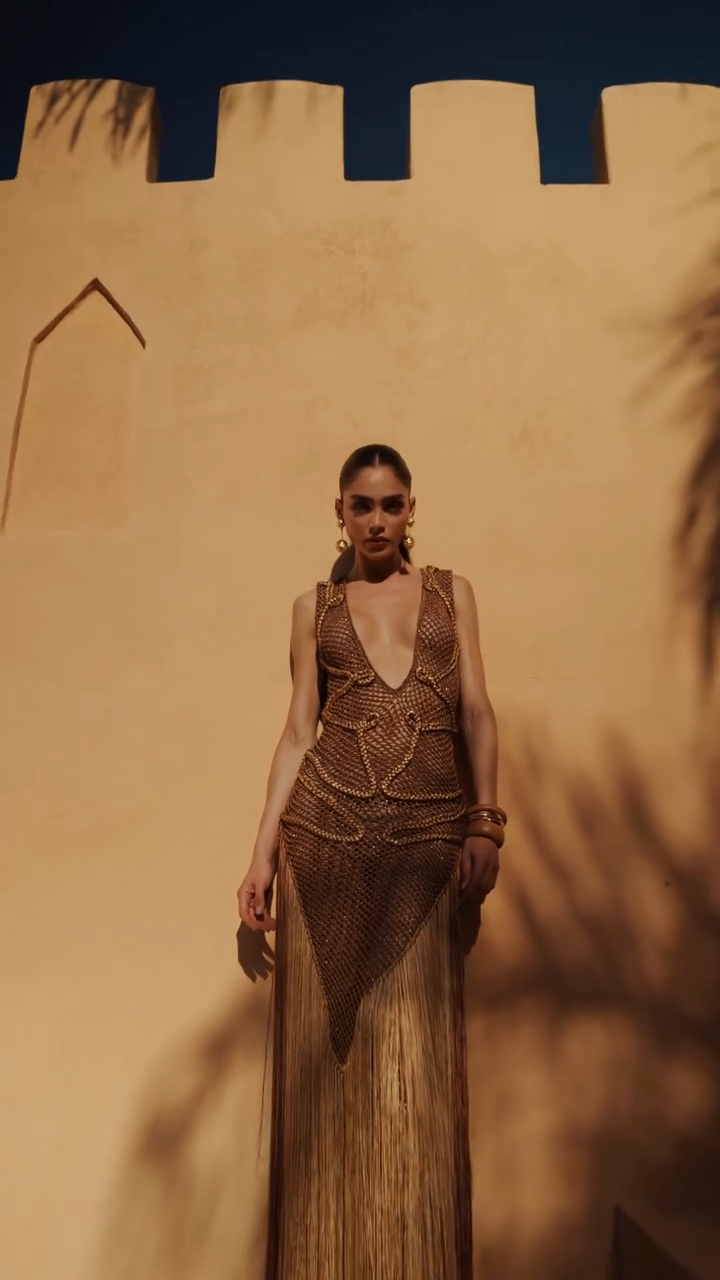 Gold Chainmail Fringe - Hem Maxi Dress