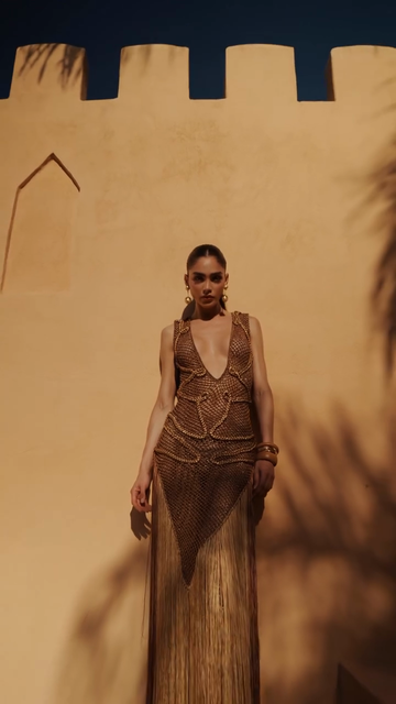 Gold Chainmail Fringe - Hem Maxi Dress