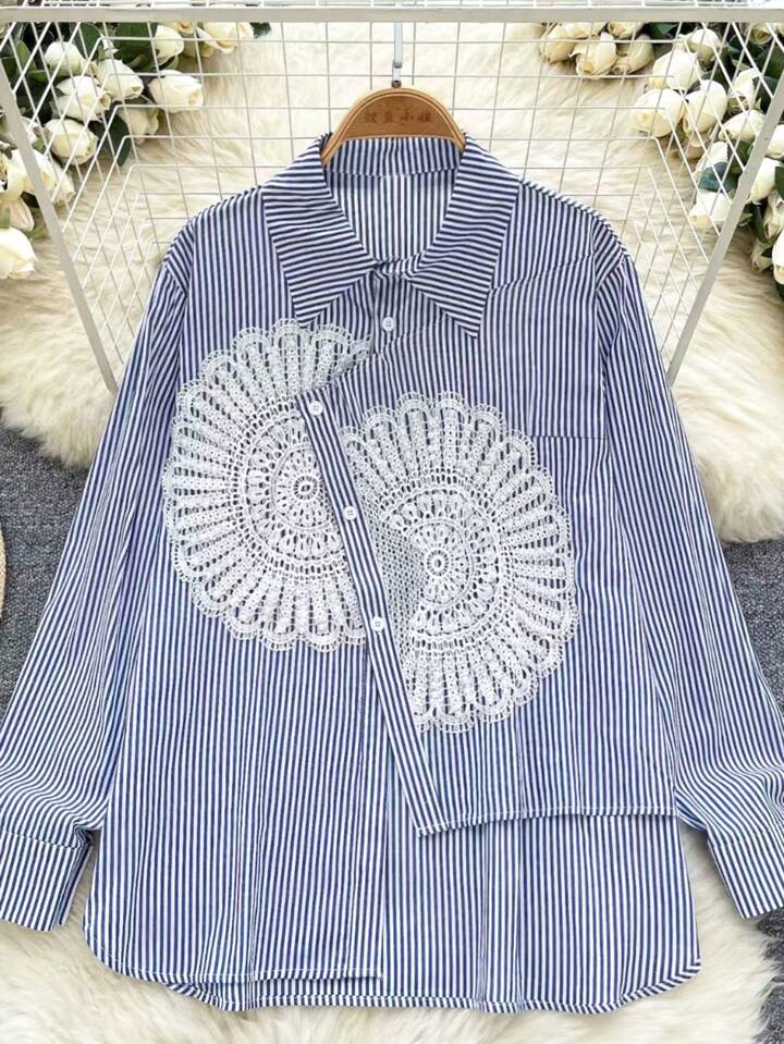 Striped Patchwork Turndown Collar Long Sleeve Shirt