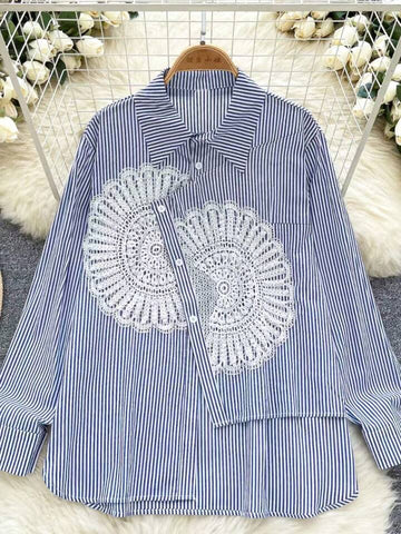 Striped Patchwork Turndown Collar Long Sleeve Shirt