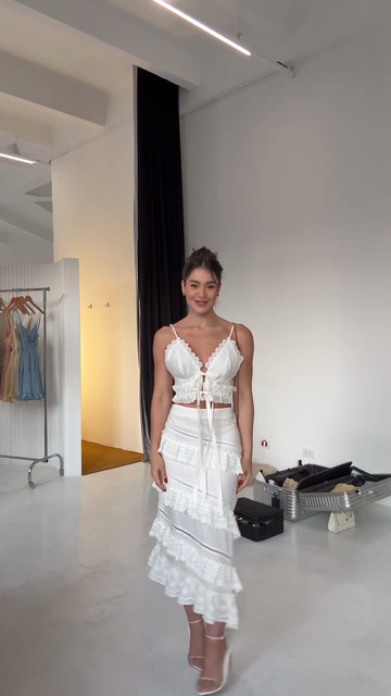 White Lace - Trimmed Crop Top and Tiered Skirt Set