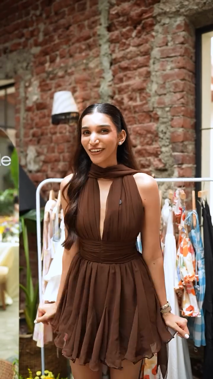 Brown Halter Neckline Mini Dress