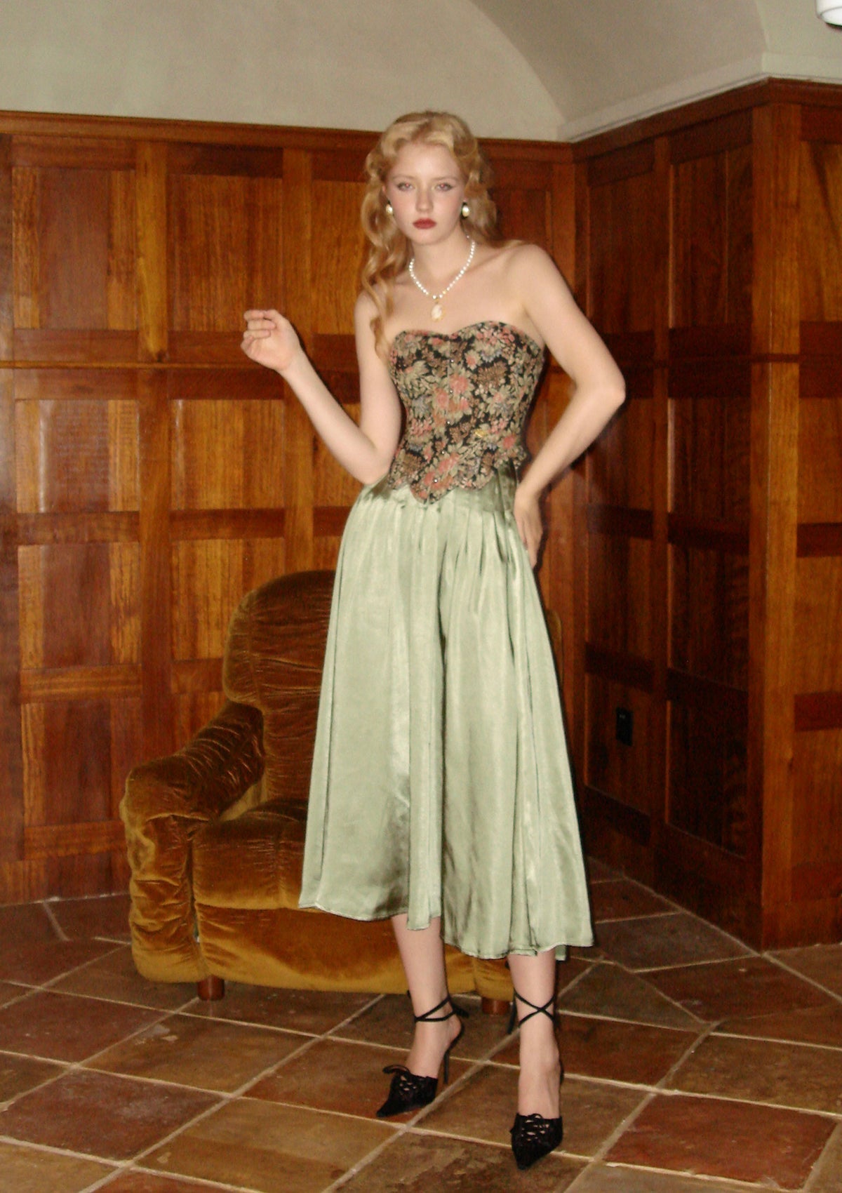 Floral - Embroidered Corset & Sage Green Midi Skirt Set