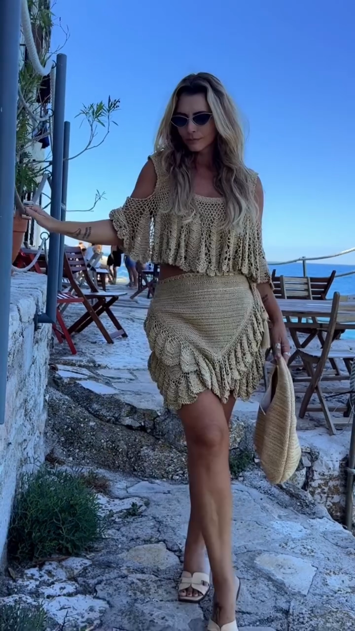 Beige Crochet Fringe Crop Top and Mini Skirt Set