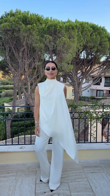 White Asymmetrical Sleeveless Top and Wide - Leg Pant Se