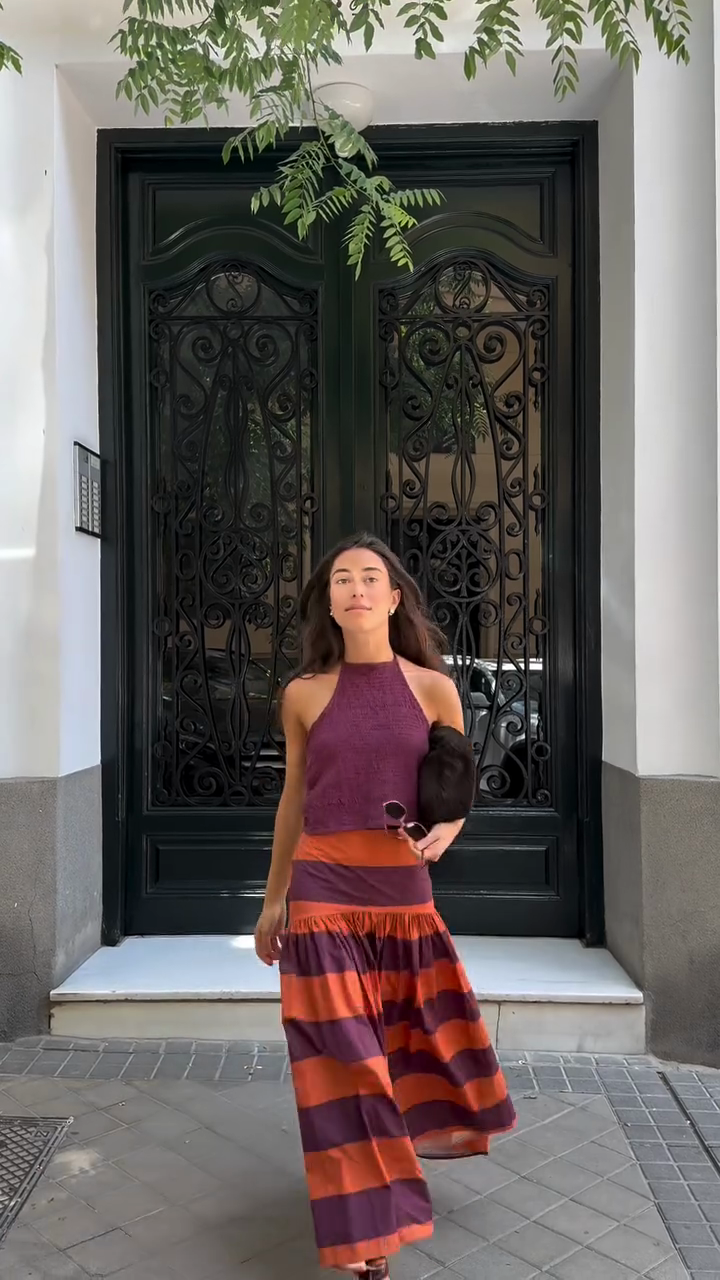 Purple Crochet Halter Top & Striped Maxi Skirt Set