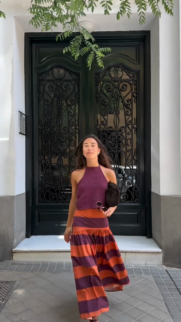 Purple Crochet Halter Top & Striped Maxi Skirt Set