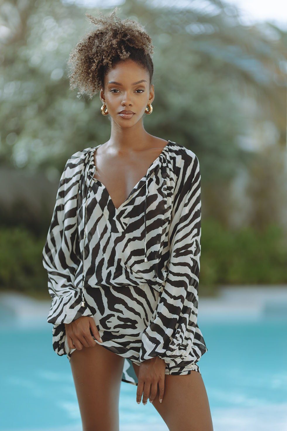 Zebra Print Deep V Neck Silk Mini Dresses