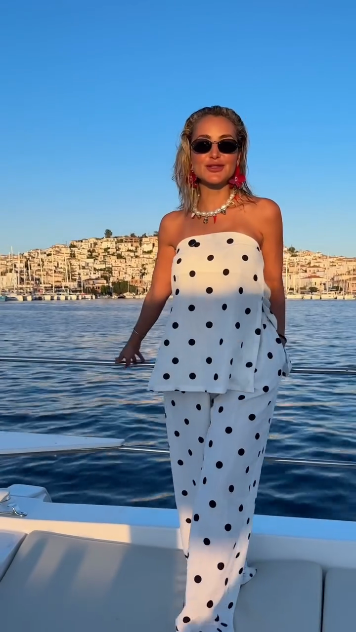 White Polka - dot Strapless Top and Pant Set