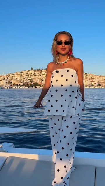 White Polka - dot Strapless Top and Pant Set