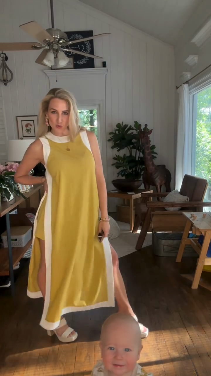 Yellow and White Sleeveless Midi Dress