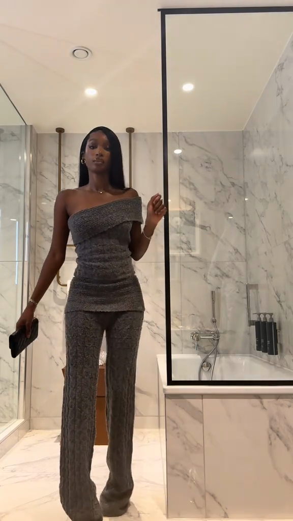 Gray Off-Shoulder Knit Two-Piece Set