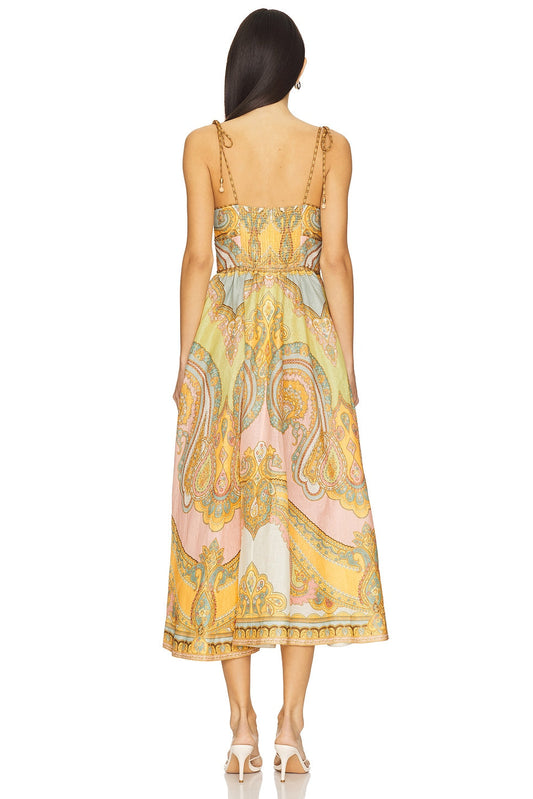 Paisley Print Linen Midi Dress with Tie - Strap Shoulders