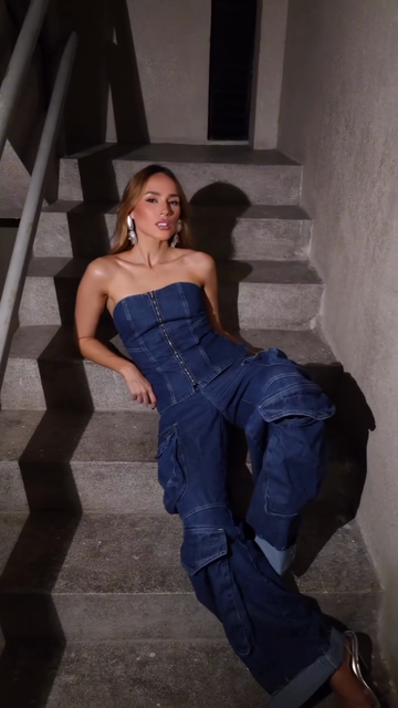 Denim Strapless Corset Top with Cargo Pants Set