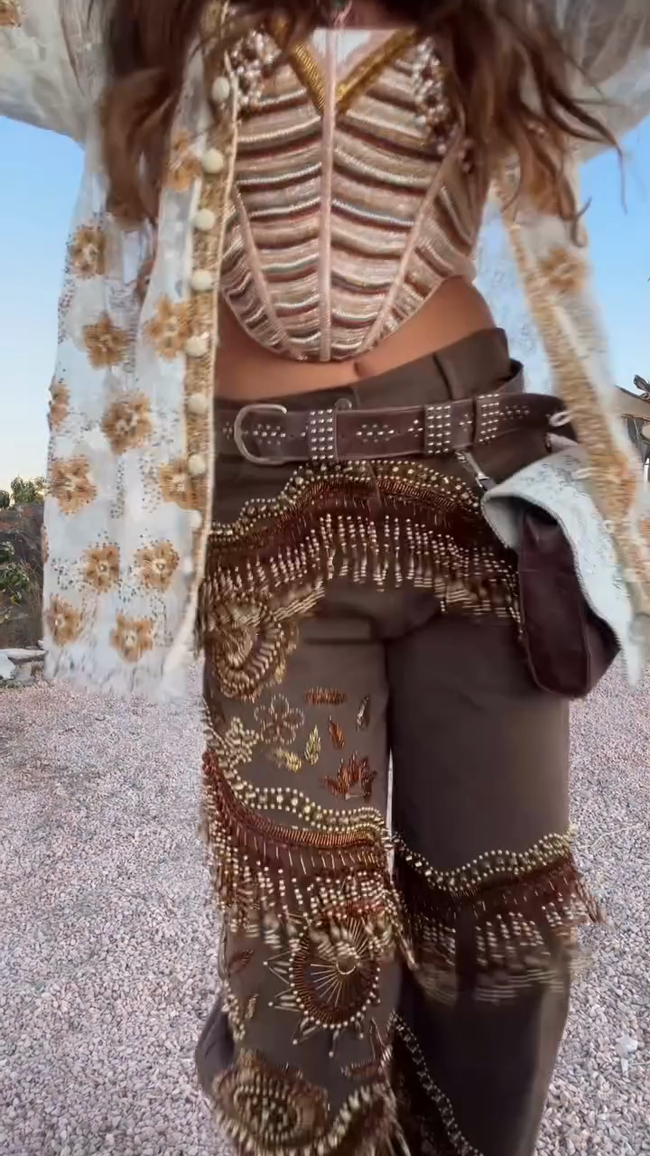 Brown Wide - Leg Pants with Intricate Beadwork