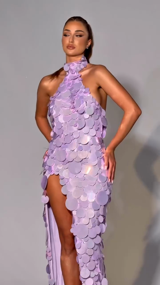Lavender Halter Neck Sequin Maxi Dress