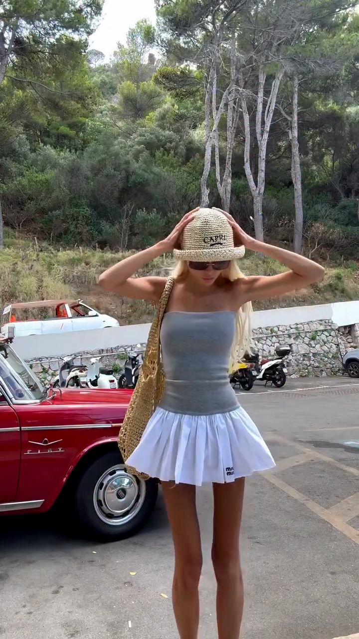 Grey Strapless Tube Top and White Pleated Mini Skirt Set