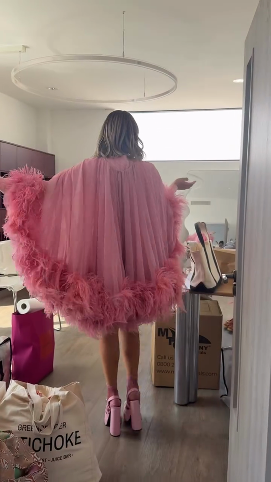 Pink Feather - Trimmed Cape Dress