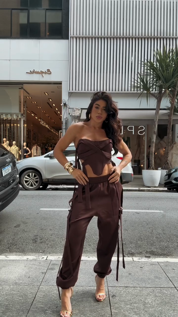 Brown Off Shoulder Crop Top and Drawstring Pants Set