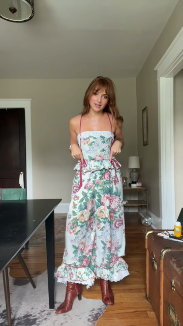 Floral Print Top and Long Skirt Set With Pink Accents