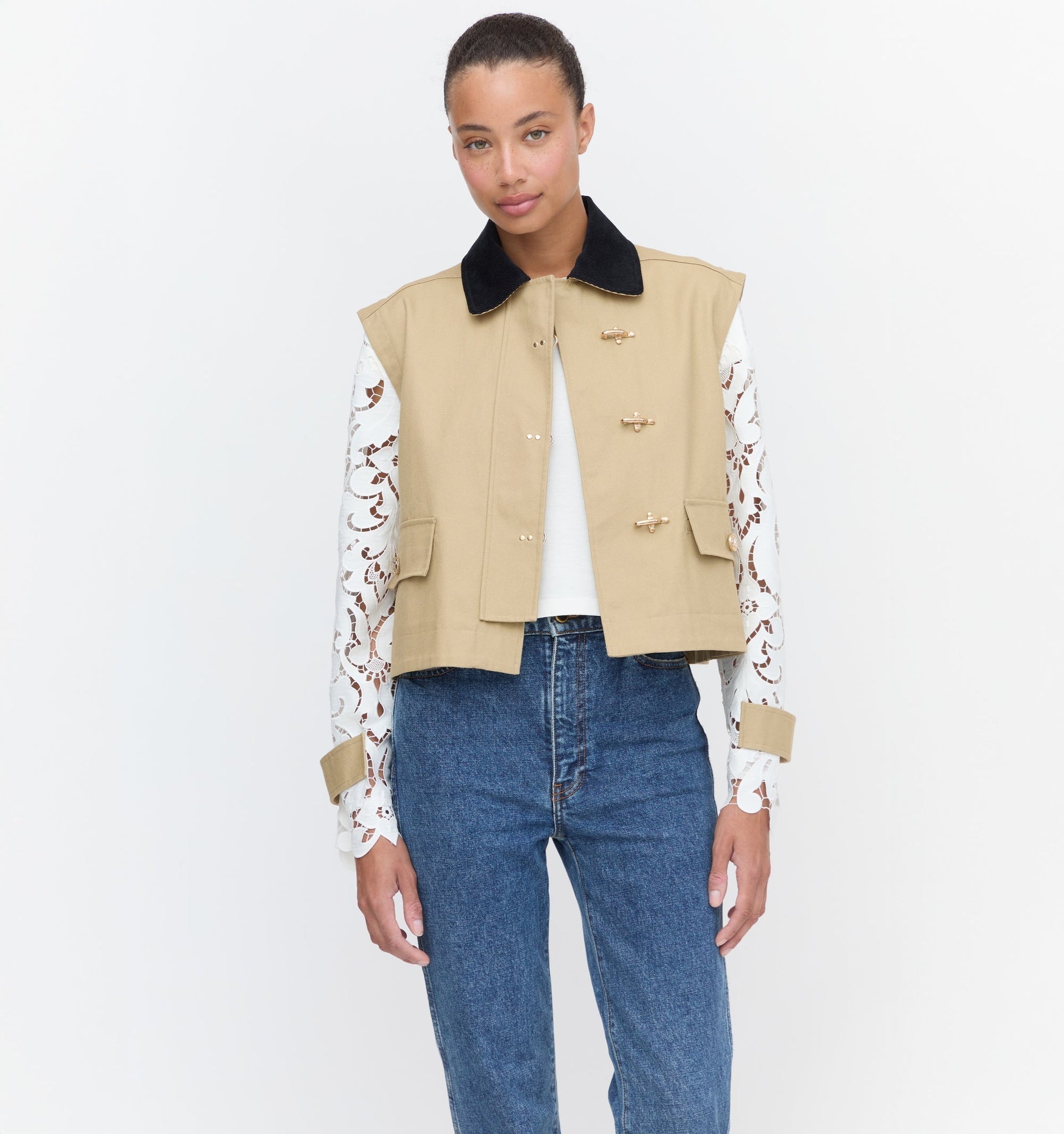 Beige and Lace Long-sleeved Paneled Work Jacket