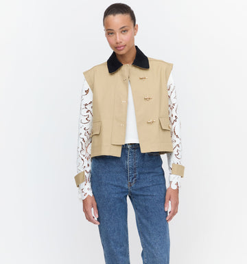 Beige and Lace Long-sleeved Paneled Work Jacket