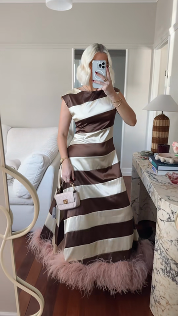 Striped Satin Midi Dress with Feather Trim