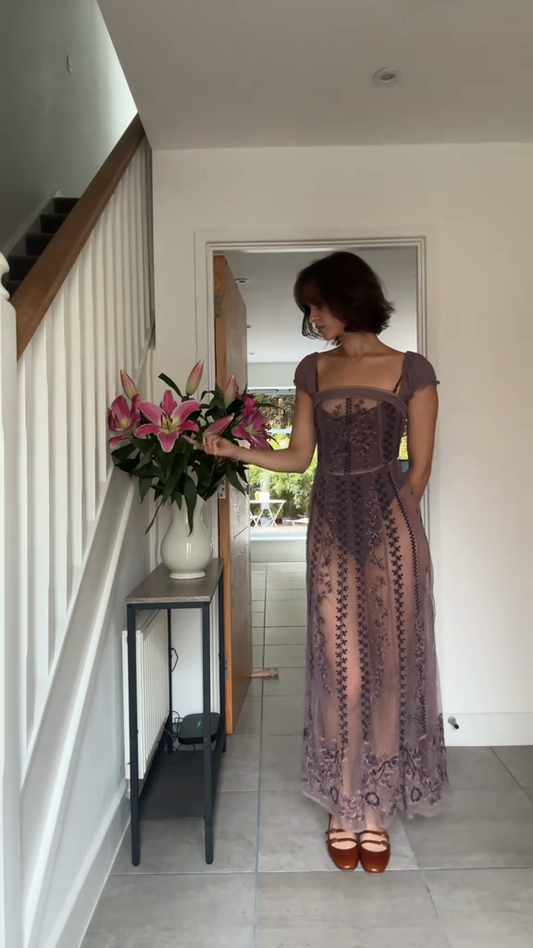 Purple Floral Embroidered Mesh Maxi Dress