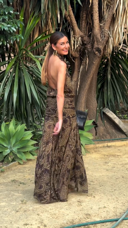 Brown Paisley Print Halter Maxi Dress