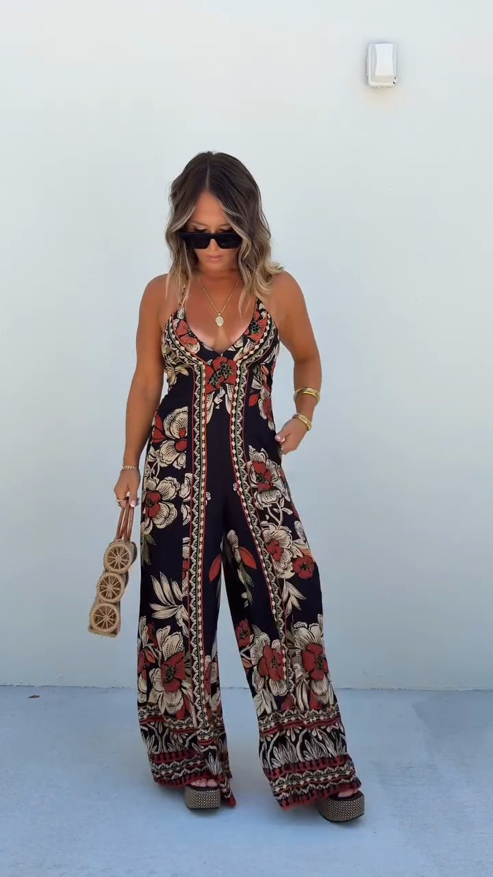 Floral - Print Halter Neck Wide - Leg Jumpsuit
