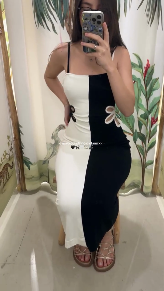 Black and White Color - Blocked Midi Dress