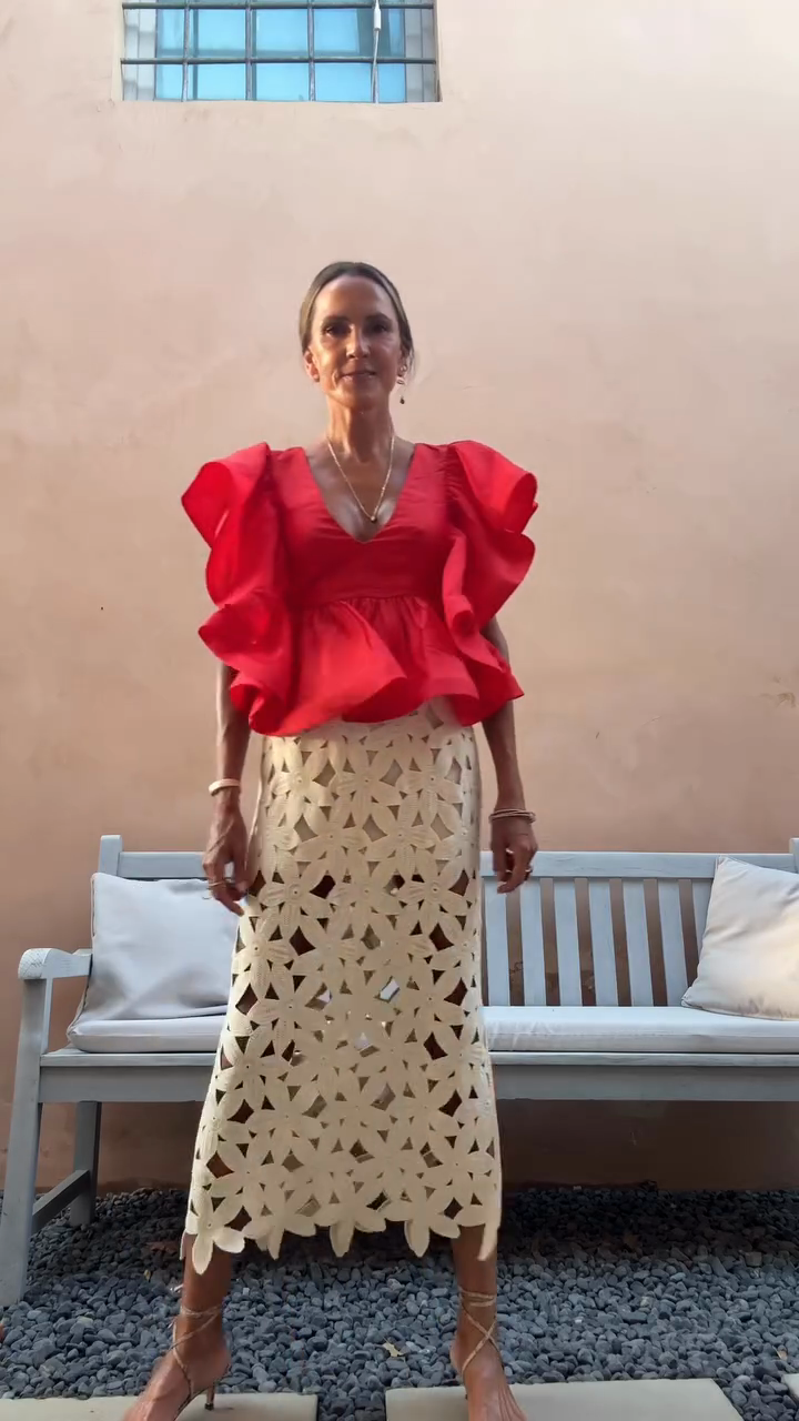 Red Ruffle Top and Crochet Midi Skirt Set