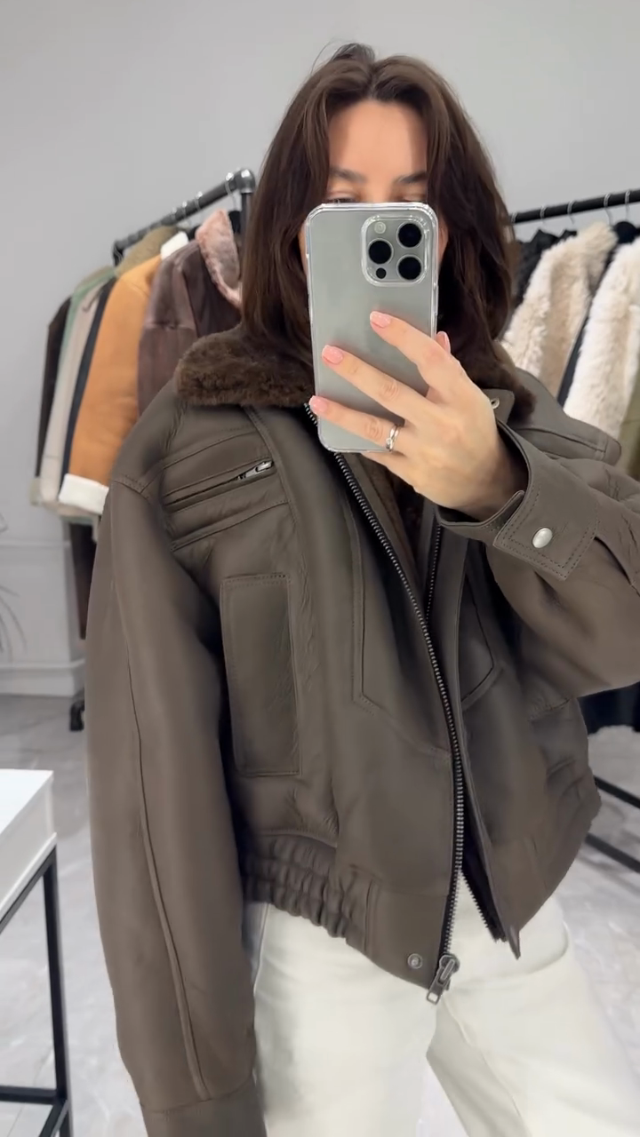 Brown Shearling Collar Leather Jacket