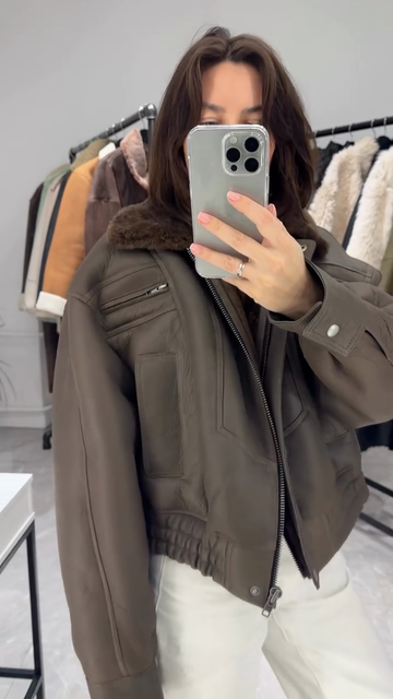 Brown Shearling Collar Leather Jacket