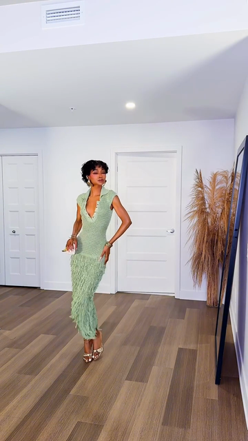 Green Crochet Fringe - Hem Maxi Dress