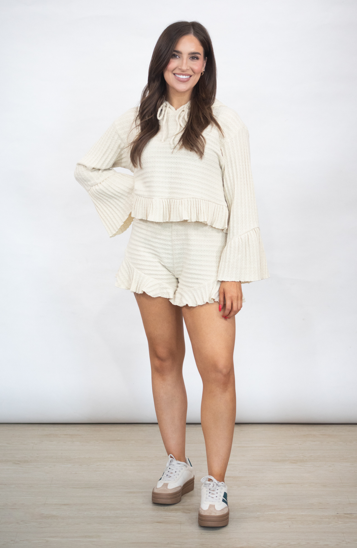 Cream - colored Textured Knit Hoodie and Shorts Set