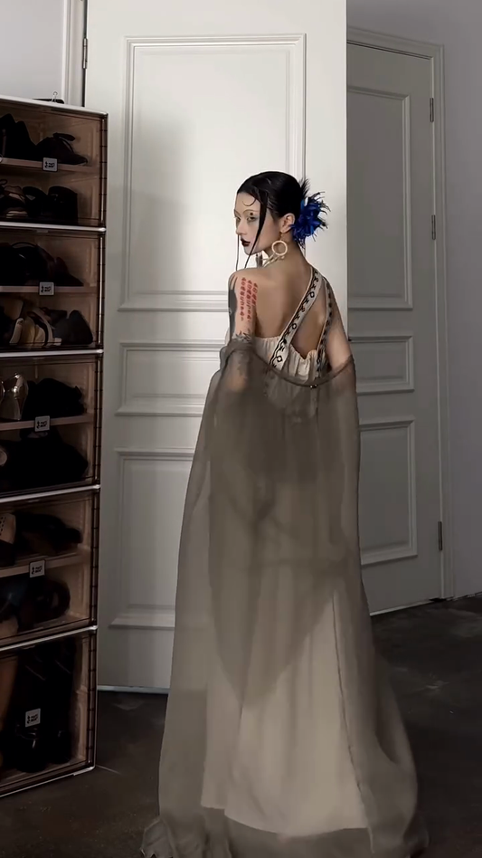 Asymmetric Embroidered Linen Long-Sleeved Maxi Dress