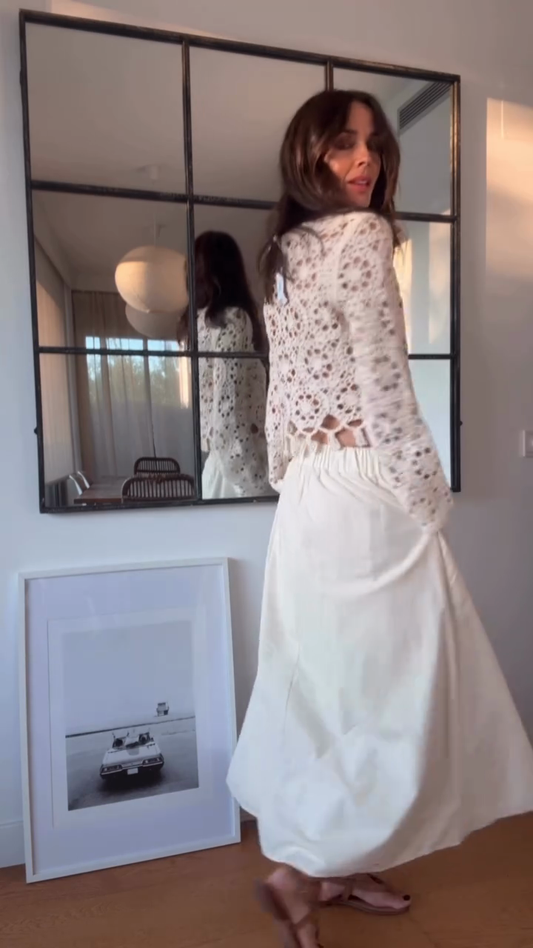 White Crochet Crop Top and Midi Skirt Set