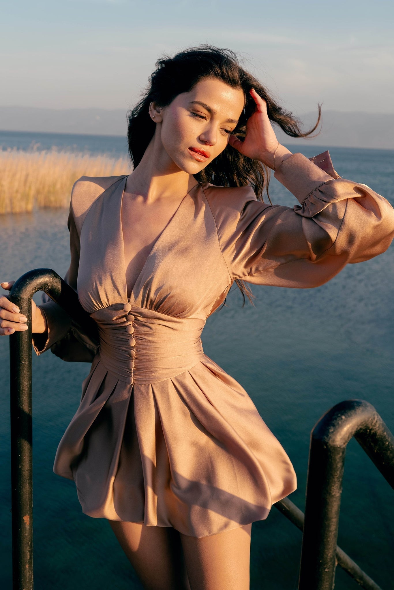 Beige Satin Deep V - Neck Dress