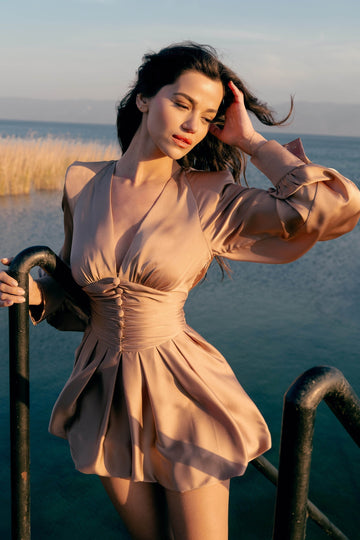 Beige Satin Deep V - Neck Dress